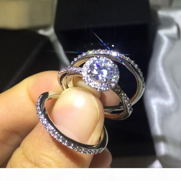 

fashion jewelry 3-in-1 engagement jewelry handmade sterling silver925 5a zircon stone 10kt white gold filled wedding band ring set sz 5-11, Slivery;golden