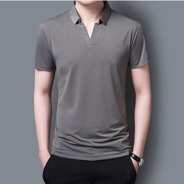 

summer men's lapel short sleeved tshirt v-neck slim casual male's shirt solid color thin section breathable shirt casual, White;black