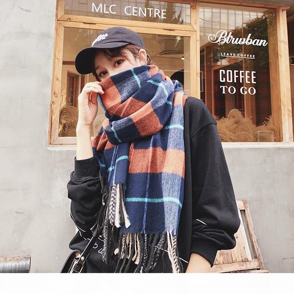 

wholesale-new classic plaid ladies scarf autumn and winter 100% cashmere fashion wild double-sided tassel shawl to keep warm student collar, Blue;gray