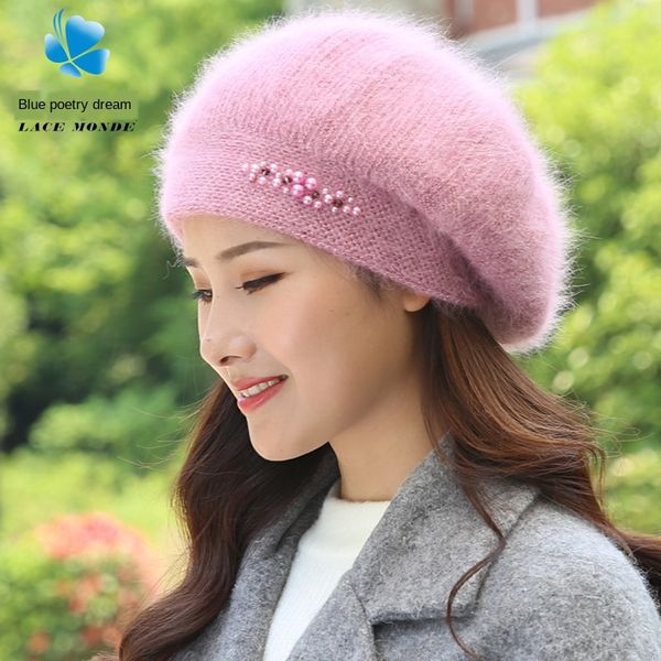 

new woolen children's winter warm fashion knitted moon hat korean warm beret casual beret cute rabbit fur hat, Blue;gray
