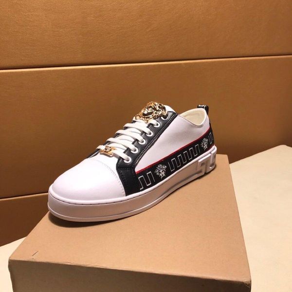

2020o high-end medusa embroidery and color matching men's leather casual low-sneakers, large size fashion lace-up sneakers, size: 3, Black