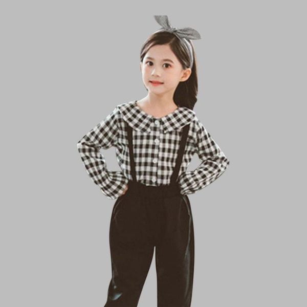 

clothing sets girls clothes plaid shirt & jumpsuit girl set flare sleeve for fall winter children's casual suits, White