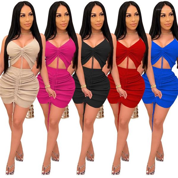 

solid color sets summer women stacked two piece dress sleeveless v neck 2pcs sets ladies tees skirts slim, White