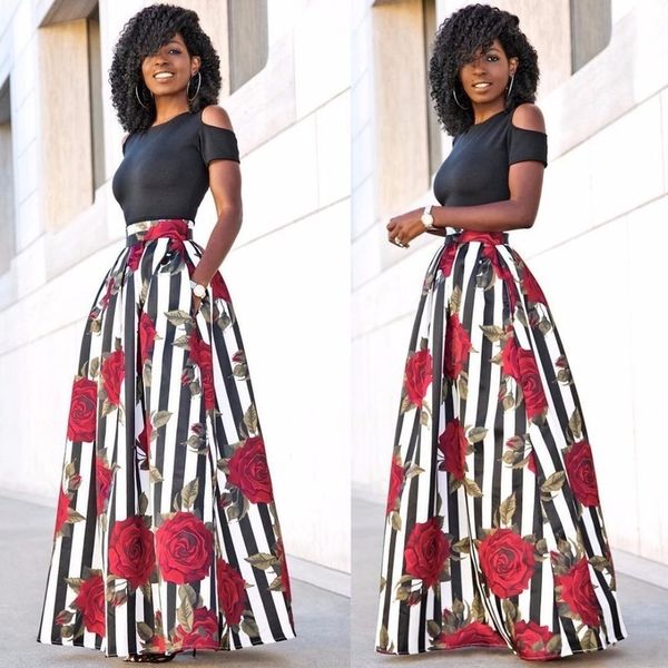 

summer women maxi long skirts black two pieces fashion ladies female floral skirts black vestidos plus size 5xl