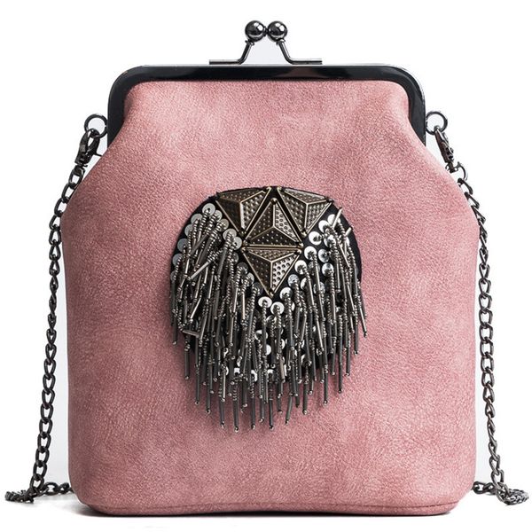 

rivet fringe punk vintage fashion bag bags women chain shoulder crossbody bags kiss lock shell pu leather women's handbags purse