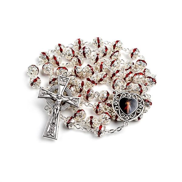 

religious carved alloy beads catholic rosary necklace with cross, Silver