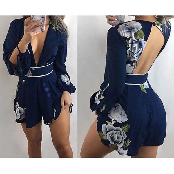 

2020 women bodysuit print long sleeve short jumpsuit backless v neck playsuits casual loose short rompers ropa mujer verano, Black;white