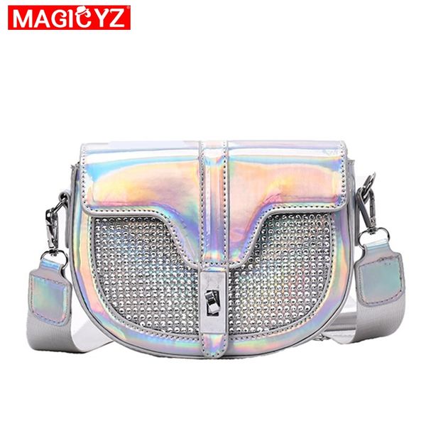 

роскошных стразы женщины crossbody сумка полукруг седло сумка лазерная кожа плечо женских сумки сумка конструктор стрелкового