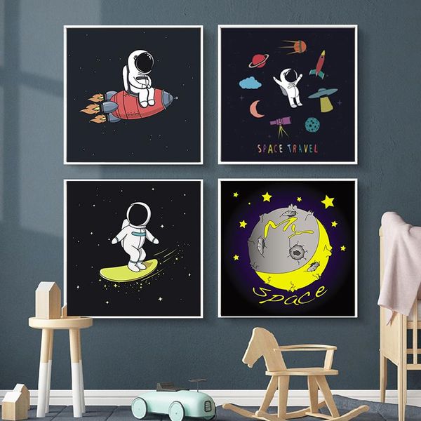 

cartoon rocket astronauts nursery wall picture poster print boy bedroom wall art pictures for living room home decor (no frame