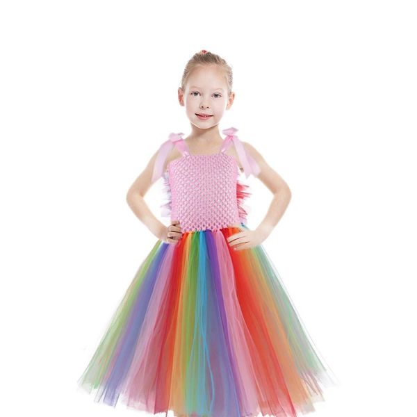 

flowers princess unicorn tutu dress baby girl tulle dress summer children kids back to school party dresses halloween costume, Red;yellow