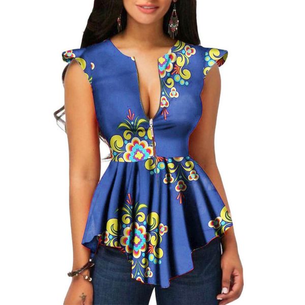 

womens summer blouse casual slim slit women summer zipper african printing sleeveless tunic casual shirt blouse, White
