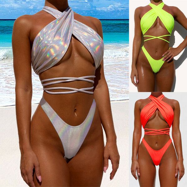 

2020 women glitter laser bandage bikini set ladies push up polyester padded bra holiday swimsuit swimwear bathing suit, White;black