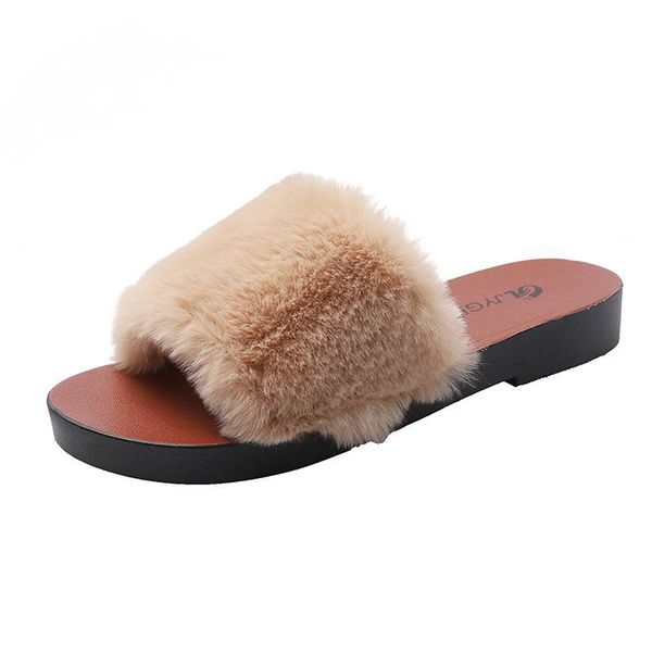 

furry slides ladies basic daily flat slippers girls fashion ins fur shoes female outdoor slippers 2020, Black