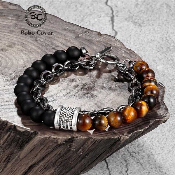 

punk natural tiger eye stone men's beaded bracelet stainless steel link chain couple bracelets femme male jewelry drop shipping, Black
