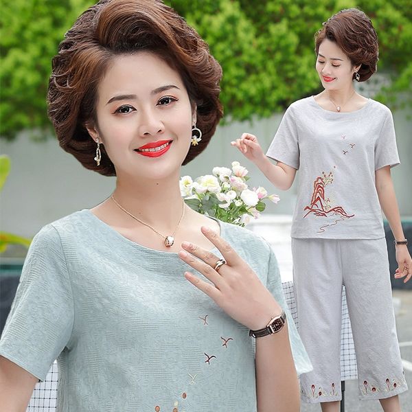 

1nsz1 mom summer two-piece 50 years old pantst-shirt wide leg pantsmiddle-aged women short-sleeved t-shirt middle-aged women's wide leg, Gray