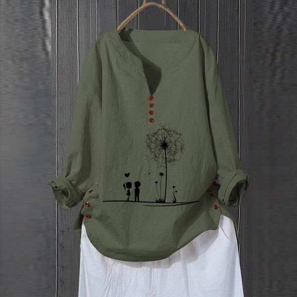 

summer plus size blouse women long sleeve v neck cotton linen cartoon shirts oversized women and blouses camisa long sleeve femenina, White