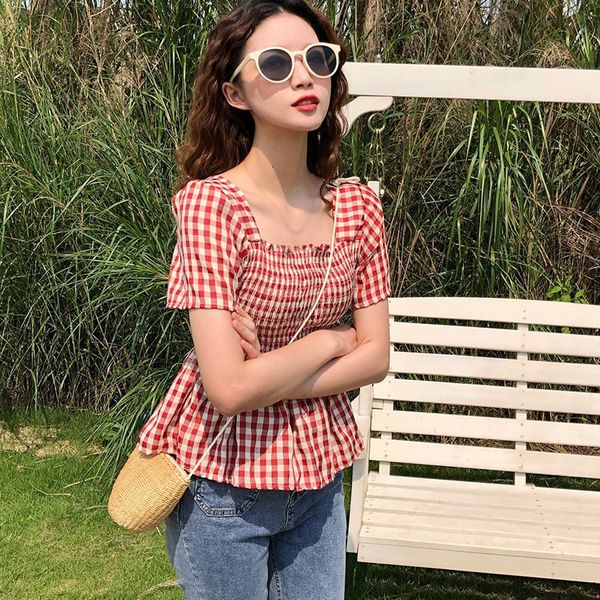 

летний новый плед печати рубашки вскользь площади воротник с коротким рукавом top сладкий оборками шифон рубашка женская блузки, White