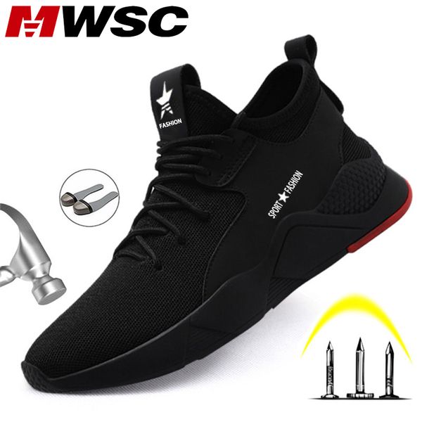

mwsc men safety work shoes steel toe cap working shoes all season breathable construction boots men anti-smashing work sneakers, Black