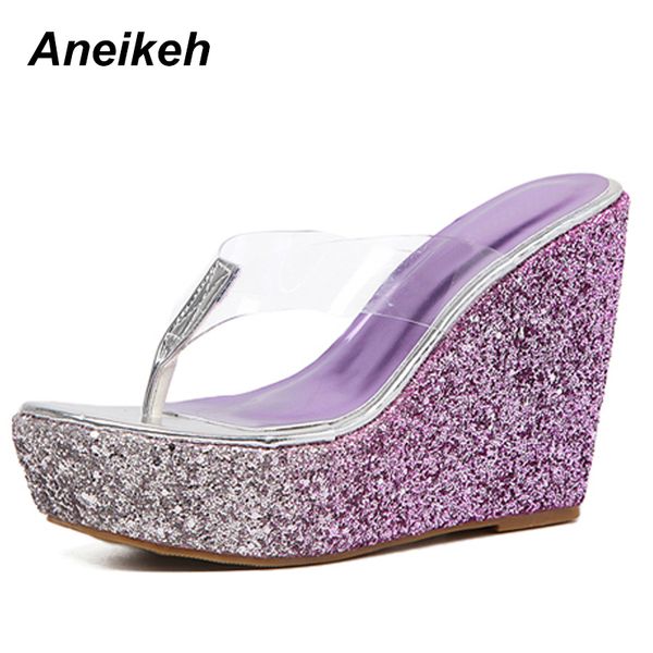 

aneikeh 2019 new sequins thick bottom platform slippers sandals summer women beach wedges shoes high heel flip fops slipper cx200710, Black