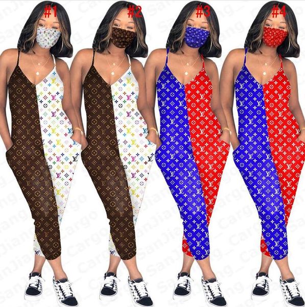

women patchwork suspender jumpsuit with face mask block color rompers 2pcs/set protective mask fashion letter one piece pants outfits e51301, White