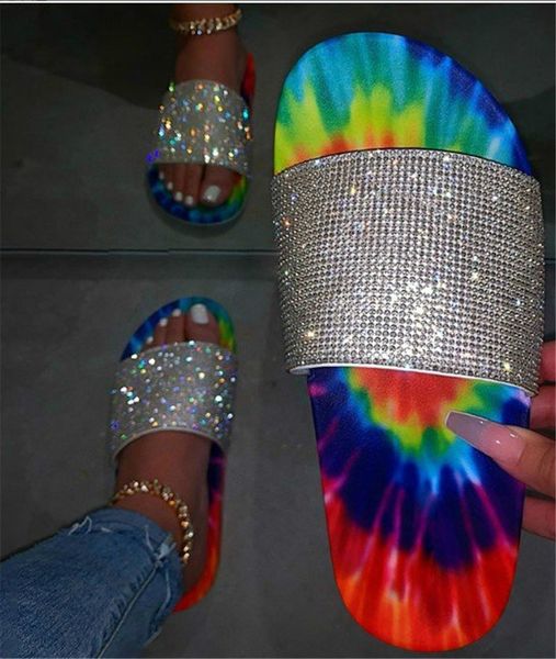 

women color tie-dye slippers summer drill glitter bling slides design anti-skid flat shoes low heel flip flops crystal bling sandals d61008, Black;grey
