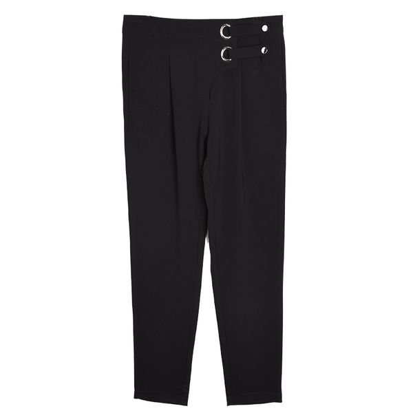 

new fashion casual men's male original waist buckle design irregular trousers slim cropped pants stylist trousers, Black