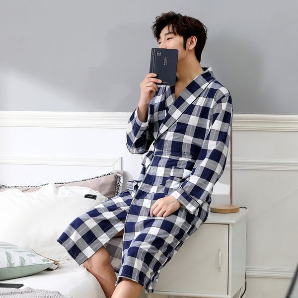 

long sleeve pajamas nightgown men's autumn bathrobe men's breathable long and comfortable seasonal bathrobe cotton pajamas, Blue;red