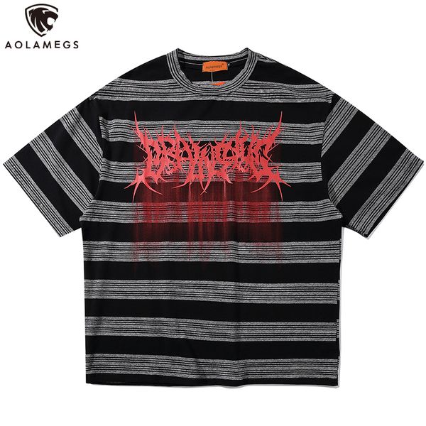 

aolamegs men t shirt cool striped print casual fashion couple loose hit color retro punk cool harajuku beach summer streetwear, White;black
