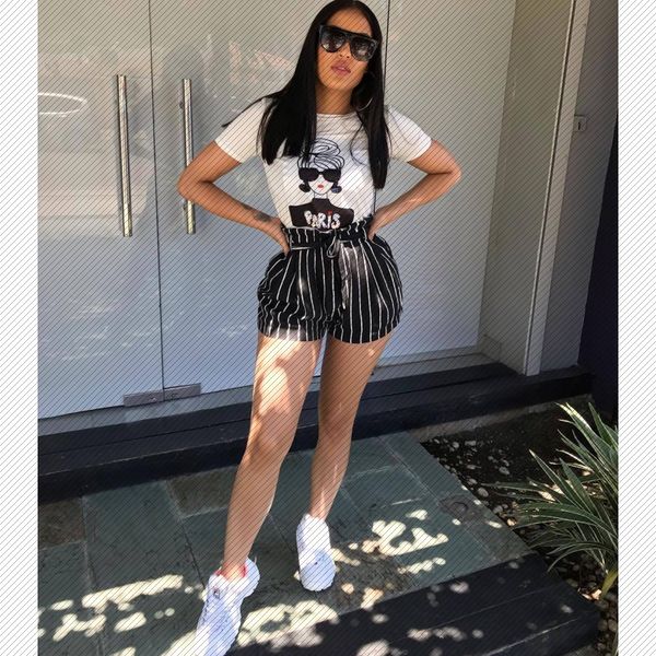 

w8179 one-piece amazon womens urban casual avatar short-sleeved summer striped suit two-piece set, Gray