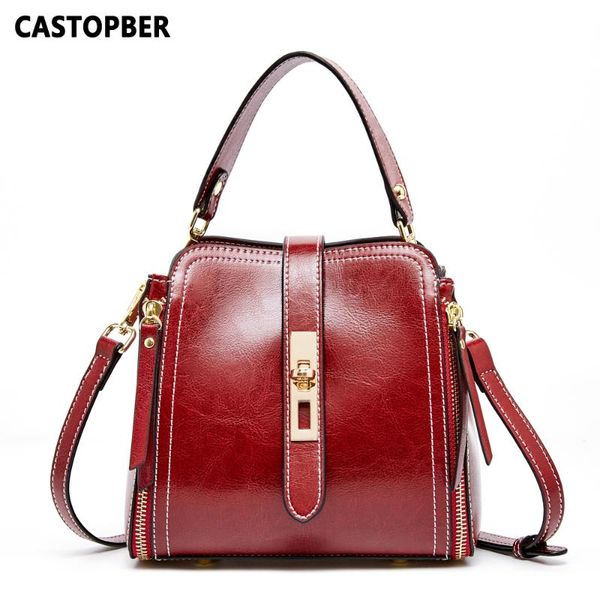 

women vintage oil wax leather handbag fashion women's shoulder bag purse fashion designer bucket tote bag ladies crossbody brand
