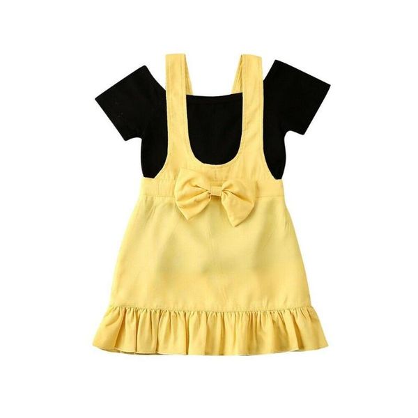 

0-6years toddler baby girl clothes solid color off shoulder short sleeve strap bowknot dress 2pcs outfits casual clothes, White