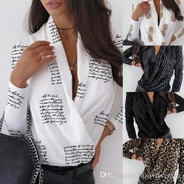 

summer white тенниска офис письмо печати женские рубашки шифон v-образным вырезом с длинным рукавом тонкий подходит работа блуза plus размер