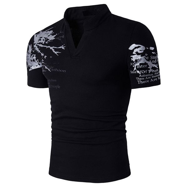 

2019summer foreign trade new men's fashion european and american printed henry standing collar short sleeve large t-shirt b69, White;black