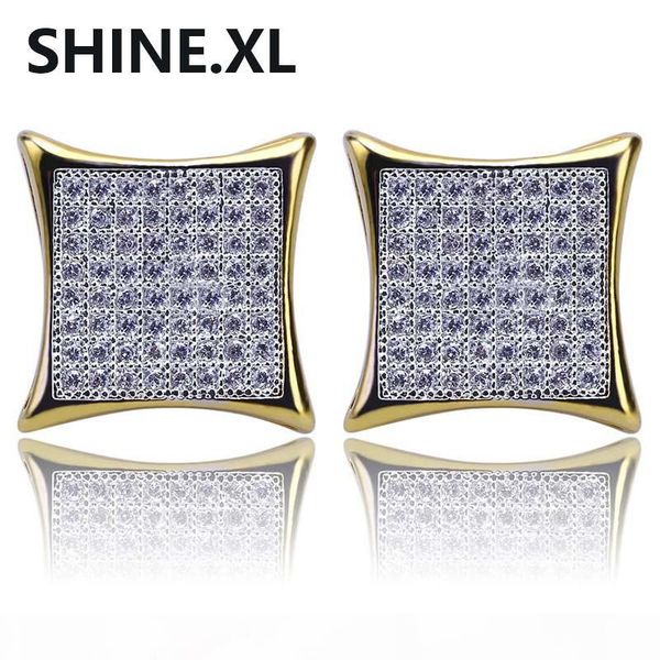 

18k gold color plated square large stud earring iced out cubic zircon fashion male women hip hop jewelry, Golden;silver