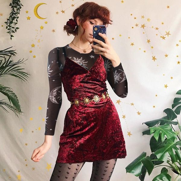 

blackday 2020 women harajuku mesh long sleeve see through t shirt transparent sun moon star print t-shirt femininas clubwear, White