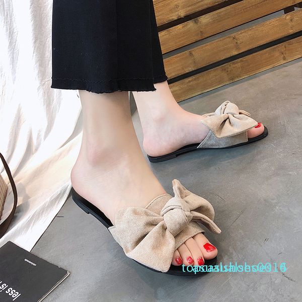 

сандра дж.р.р. женщины тапочки замша faux big bowknot драги open toe плоский каблук женский пляж песок отдыха сандалии 2019 новые t16, Black