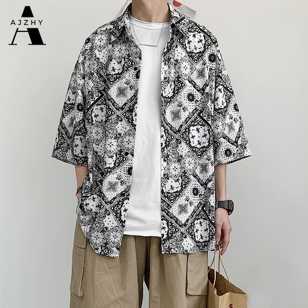 

vintage oversized loose mens shirt hip hop summer short sleeve shirt streetwear beach casual hawaiian shirts plus size clothing, White;black