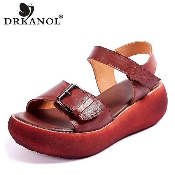 

drkanol 2020 new retro summer women sandals 100% genuine leather open toe shoes casual high heel wedges platform sandals woman, Black