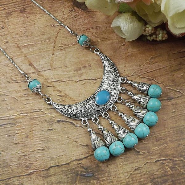 

gypsy jewelry bohemian ethnic tibetan sliver color chain necklaces for women metal carved flower blue stone necklace, Silver