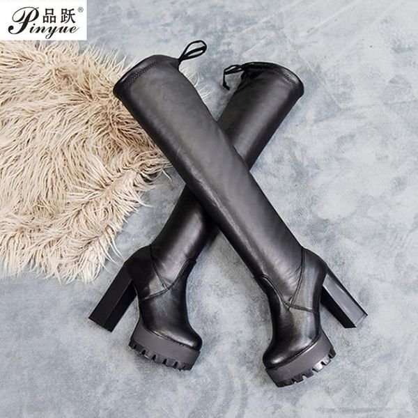 

boots women autumn thigh high heels shoes winter over the knee mujer botas, Black
