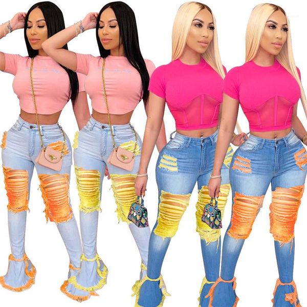 

designer jeans bleached middle waist washed hip hop streetwear womens ripped flare jeans hole tassel skinny summer womens, Blue