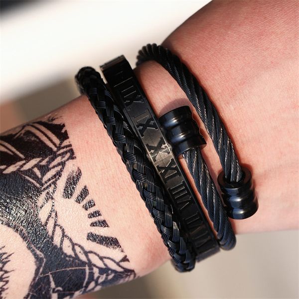 

3pcs/set stainless steel bracelet hip hop men luxury jewelry roman number charms gold color bracelets for men pulseira bileklik, Black