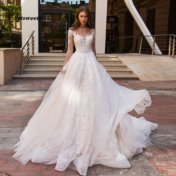 

vestido de noiva princesa wedding dress long sleeve buttons up back beading pearls appliques lace luxury bridal gown boho, White