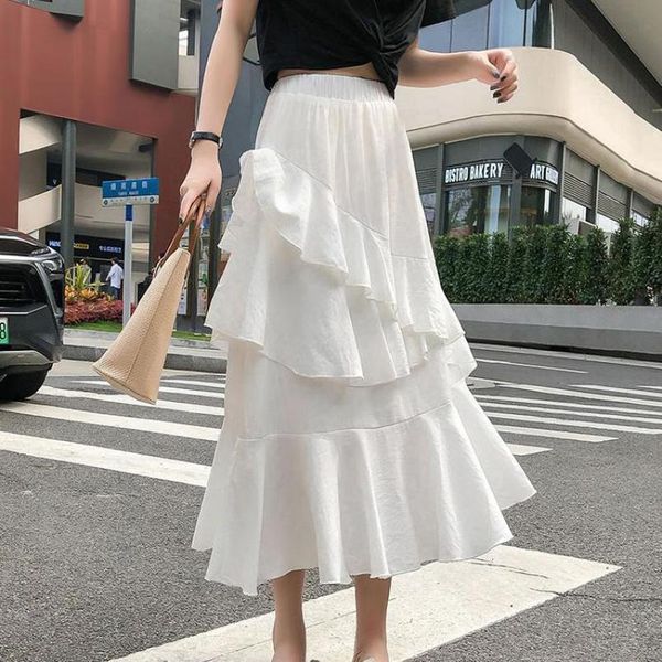 

2020 new autumn arrival chic lotus leaf irregular skirt long white skirts vintage faldas largas mujer verano ing, Black