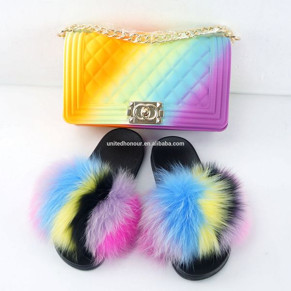

fluffy mommy and me fox fur slides and fanny pack with purse set for women, Black
