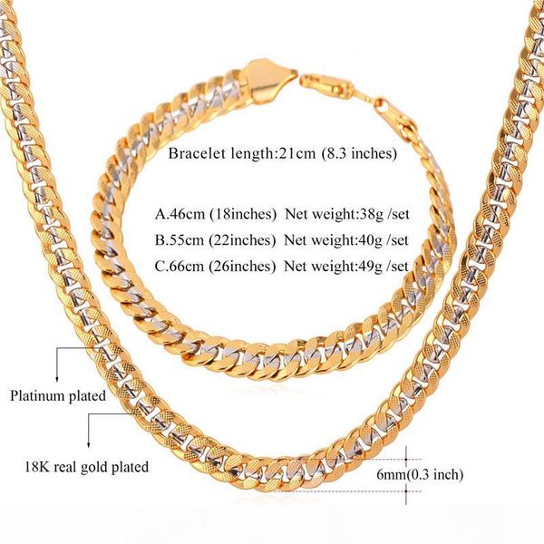 

6mm gold chain 18k stamp men women 18k two tone gold plated curb chain necklace bracelet set, Silver