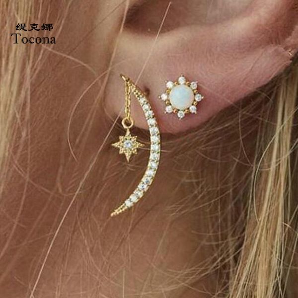 

new fashion moon beautiful flowers shape design stud earring gold color clear crystal stone jewelry for women ladies 3932, Golden