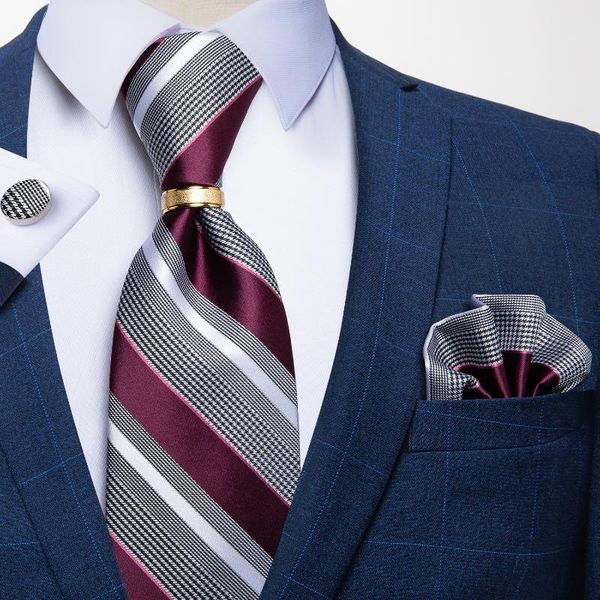 

luxury purple white striped silk woven ties for men classic business wedding party necktie pocket square ring set dibangu, Black;gray