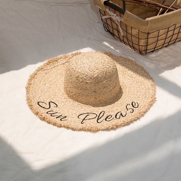 

new embroidered lafite large edge basin straw hat outdoor tourism sunshade pgraphy matching neutral general straw hat, Blue;gray