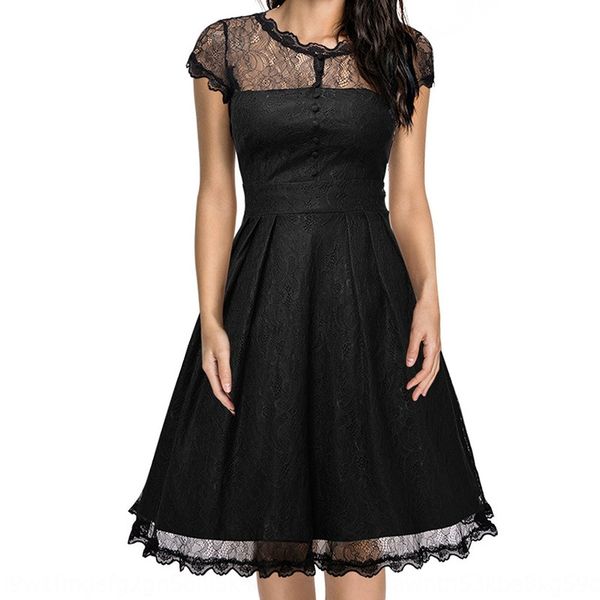 

women's solid color lace hollow-out a- line dress mid-length a- line dress skirt, Black;gray